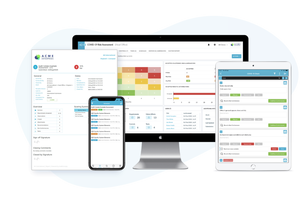 Mobile, tablet and desktop computer showing the range of features available on the AuditComply platform.