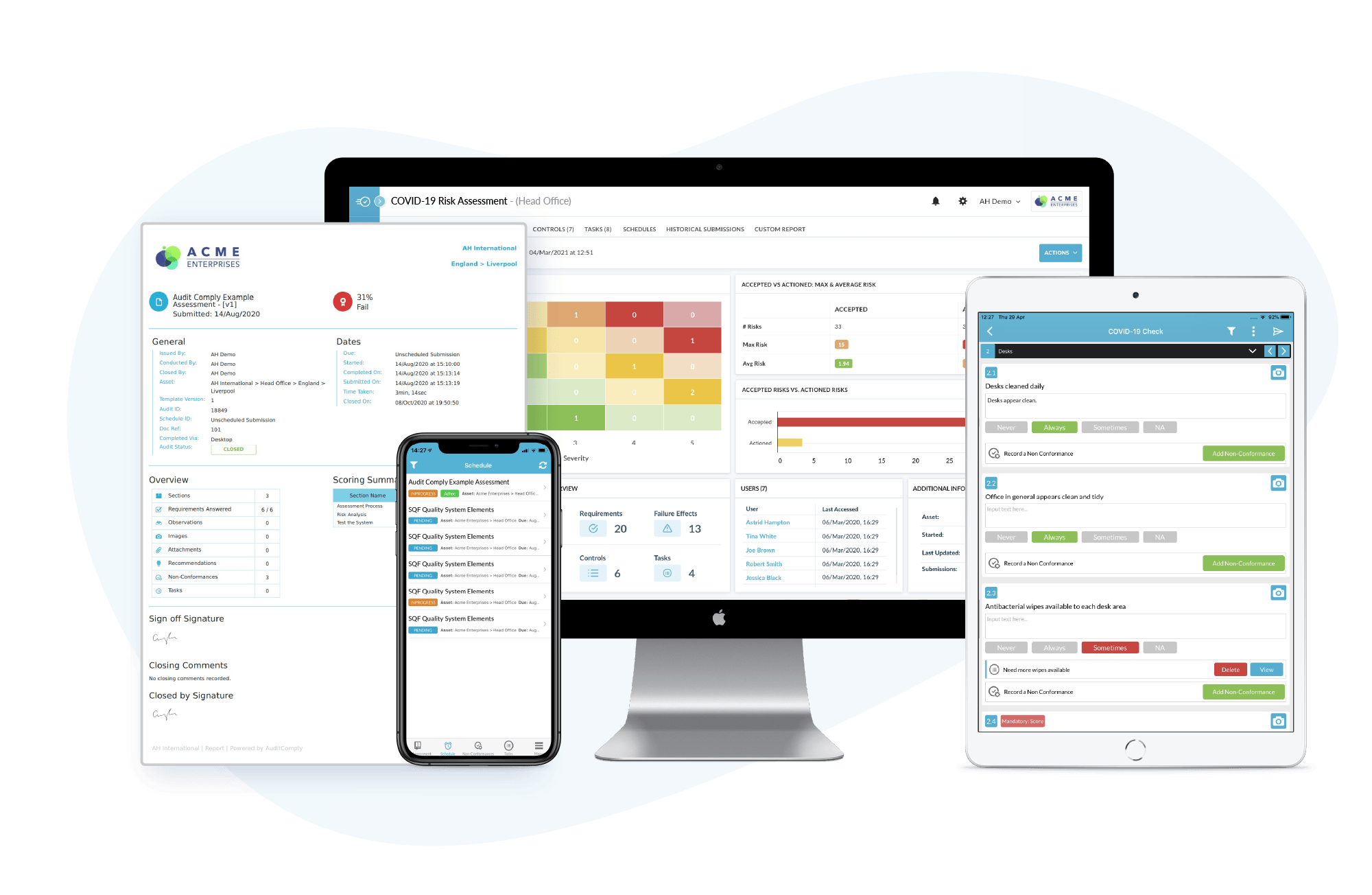 Mobile, tablet and desktop computer showing the range of features available on the AuditComply platform.