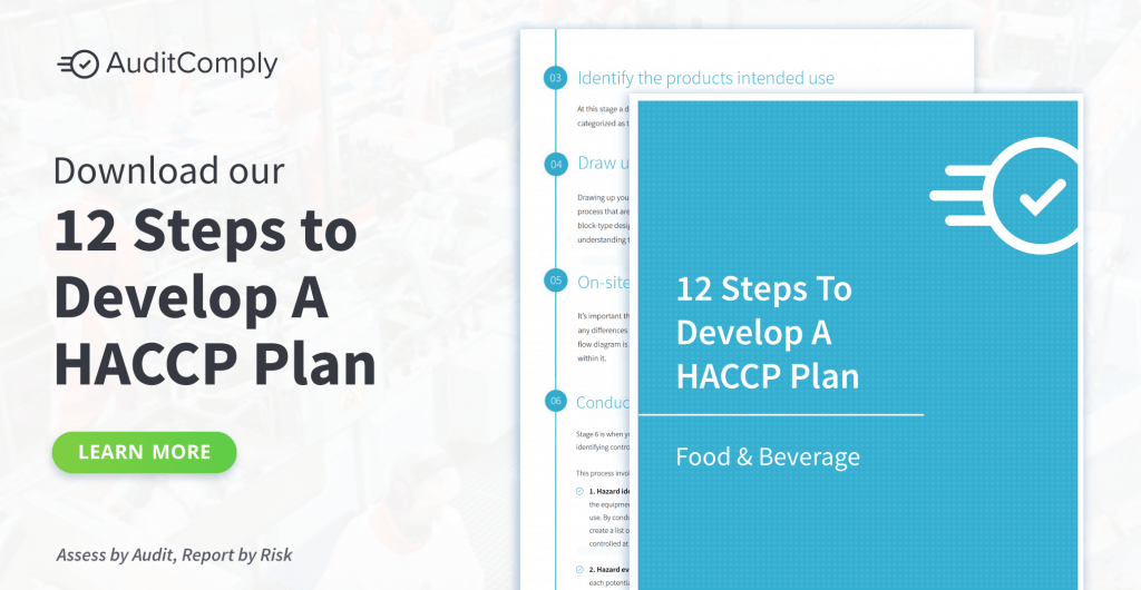 White background with black writing "Download our 12 Steps to Develop A HACCP Plan" with a green button below "learn more." 12 step plan in small writing on the right of the page